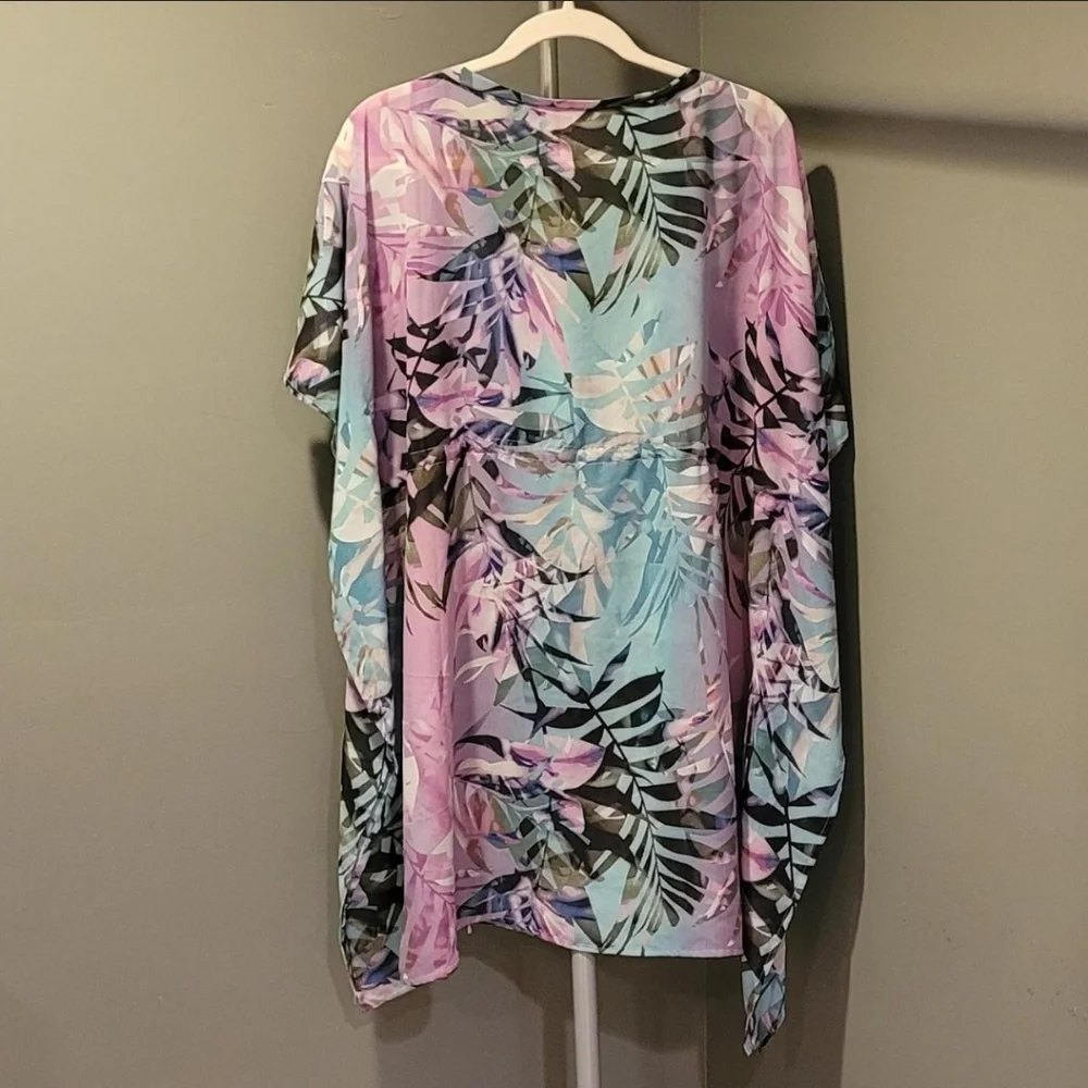 Apana Women's Tropical Leaf Print Sheer Swimsuit Cover Up, Size L, Multicolor